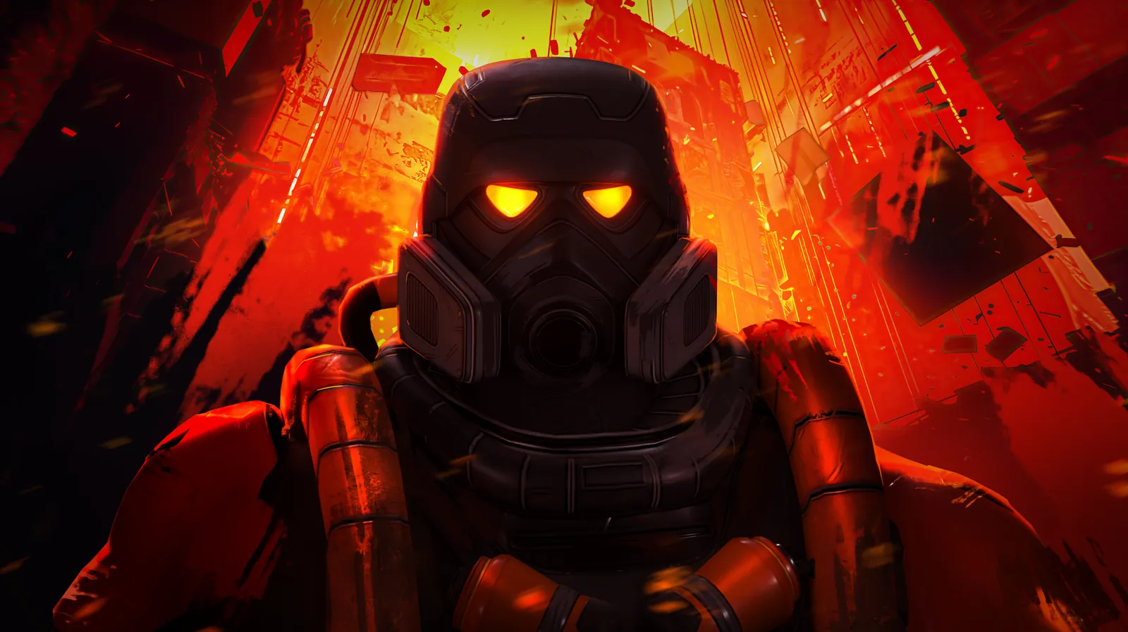 Firefighter in a gas mask in front of a burning building