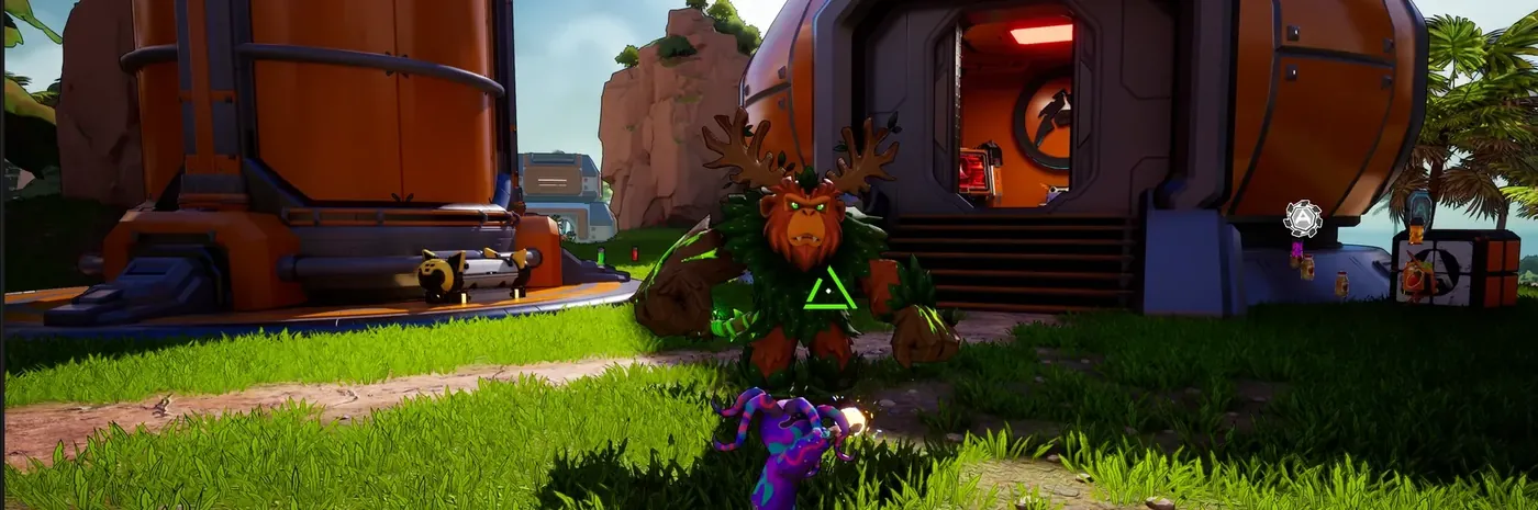 Player with a staff facing a guardian